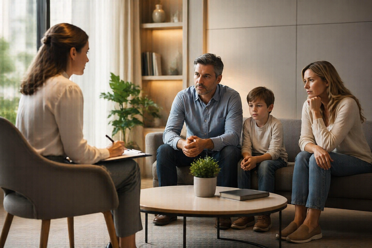 Illustration of two people sitting at a table with a mediator, having a calm discussion